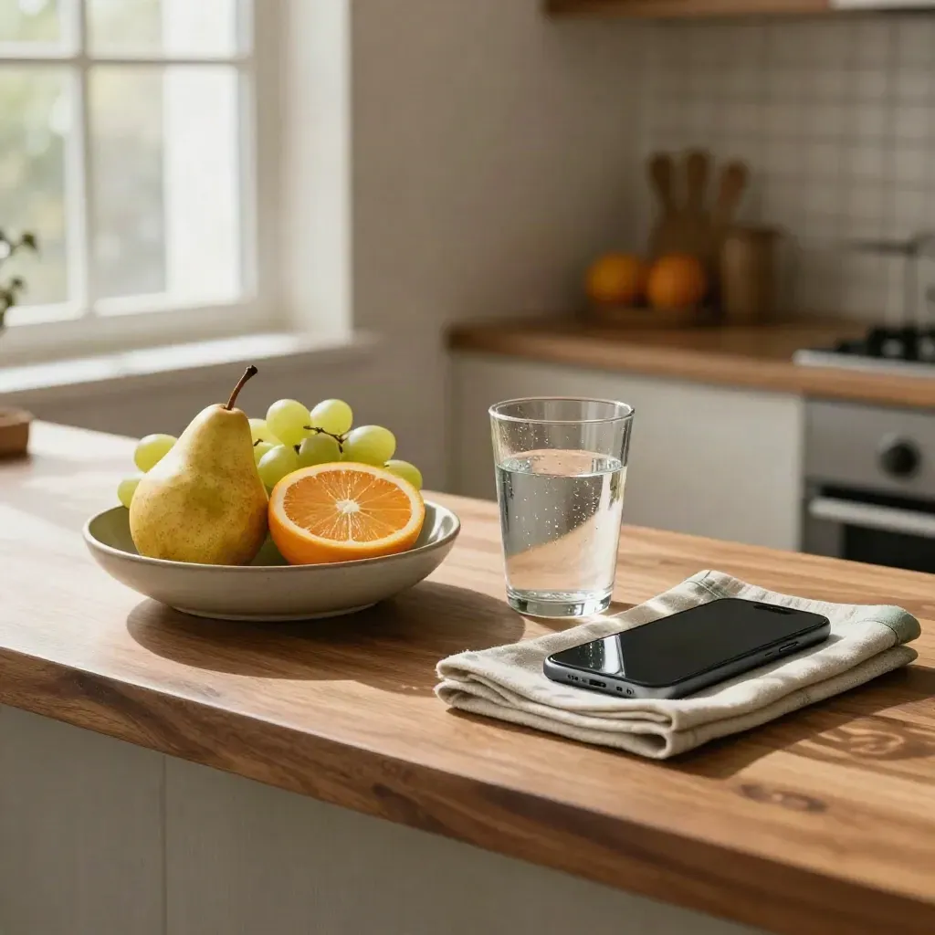 Breakfast counter with fruit, water, napkin, and a face-down phone in soft morning light.