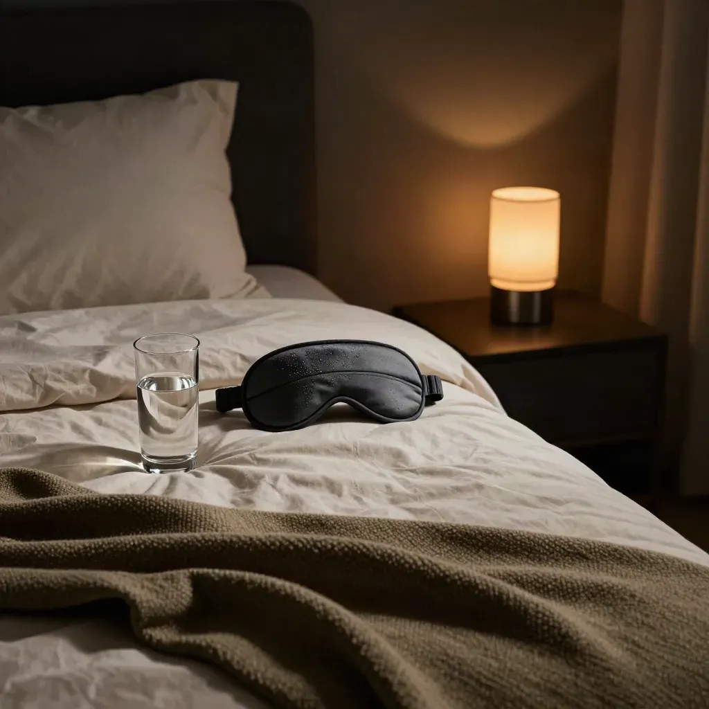 Dim bedroom corner with lamp, sleep mask, water glass, and folded throw at the bed foot.