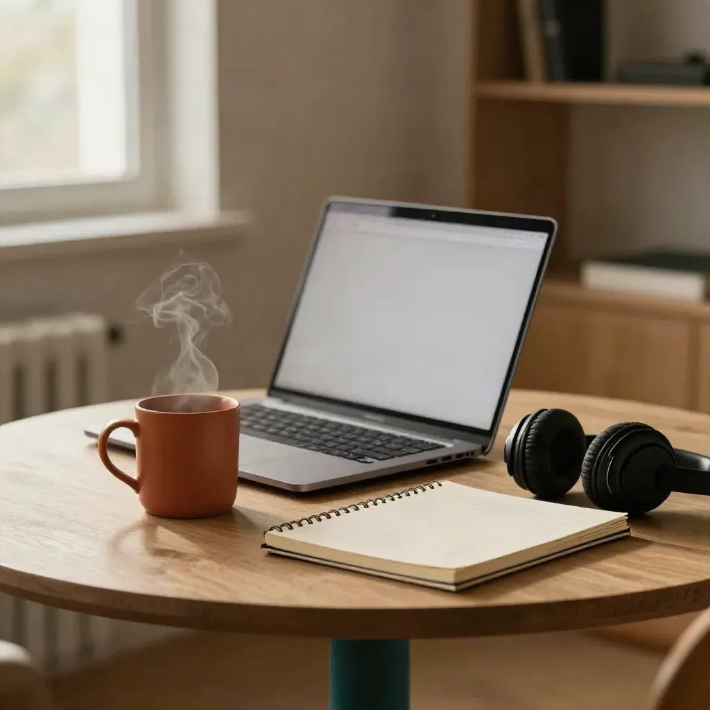 Open laptop, mug, notebook, and headset on a round table in a quiet home studio.