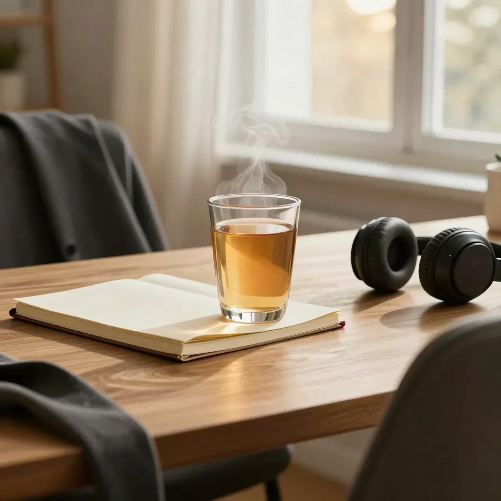 Tea, notebook, headphones, and a charcoal jacket on a sunlit desk by the window.