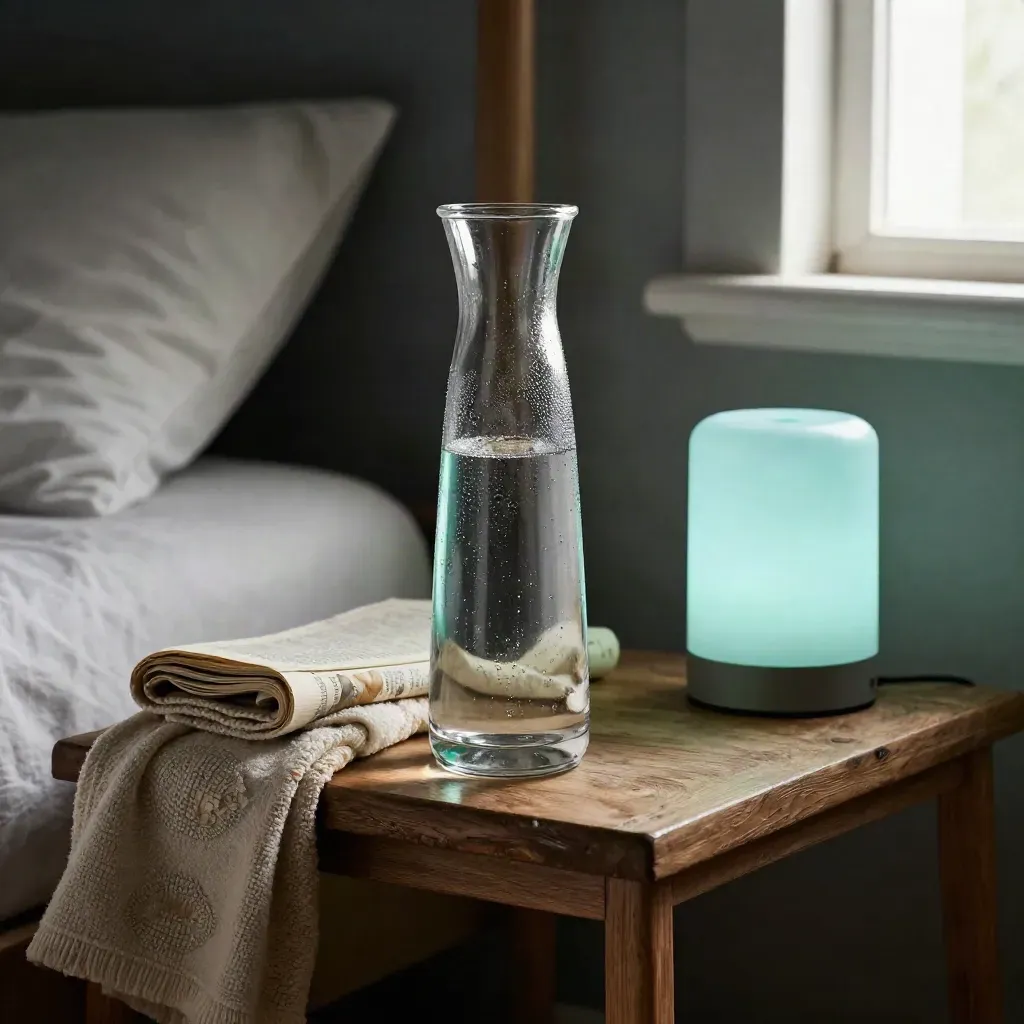 Bedside shelf with water carafe, folded blanket, turned-away paperback, and lamp in a calm night room.