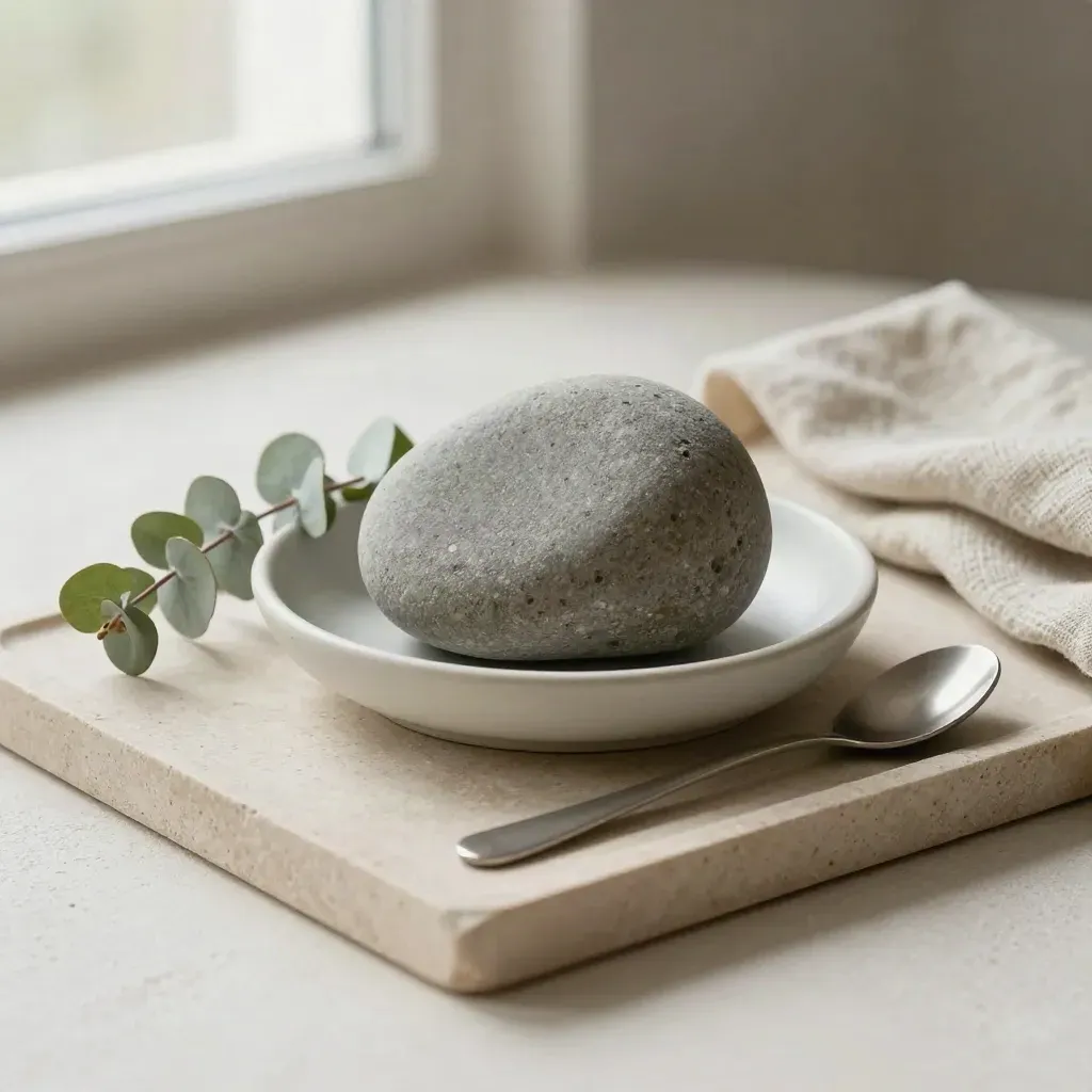 Worn grey worry stone in a ceramic dish with eucalyptus, linen and a spoon on a stone tray
