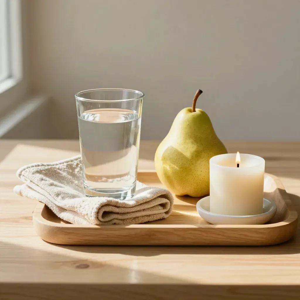Self-care tray with water, pear, towel, and candle on pale wood in soft morning light.