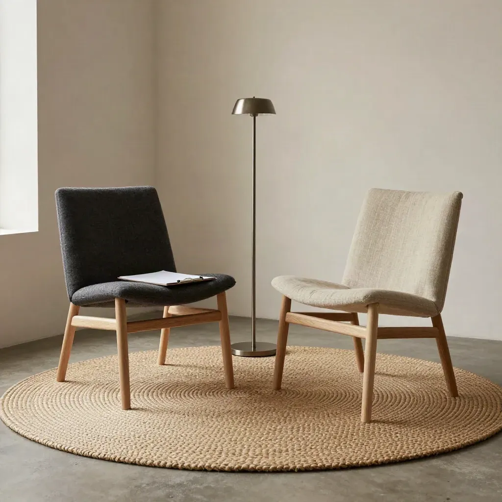 Two chairs and a turned clipboard in a quiet therapy consultation corner under soft daylight.