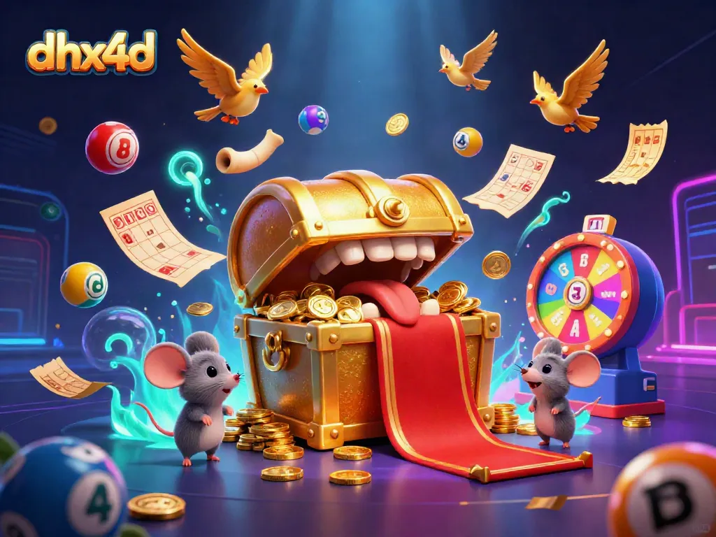 DHX4D menampilkan kesempatan menarik dalam bentuk ilustrasi 3D dengan peti harta karun berwarna emas dan elemen permainan yang dinamis.