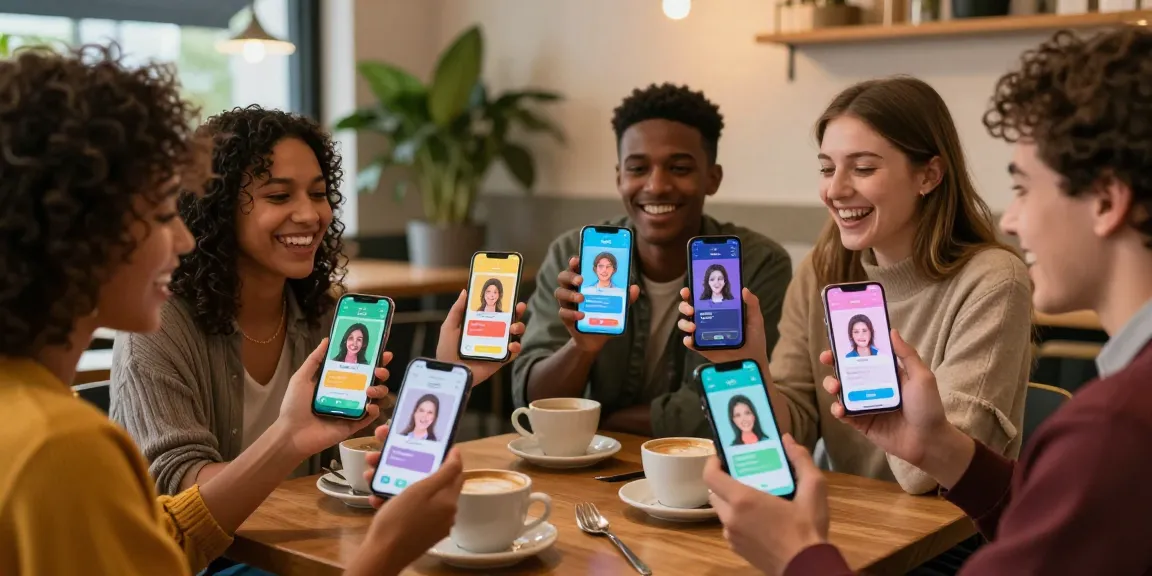 A diverse group of friends engaging in fun discussions about how old do I look based on their AI-generated age estimates on smartphones in a cozy café.