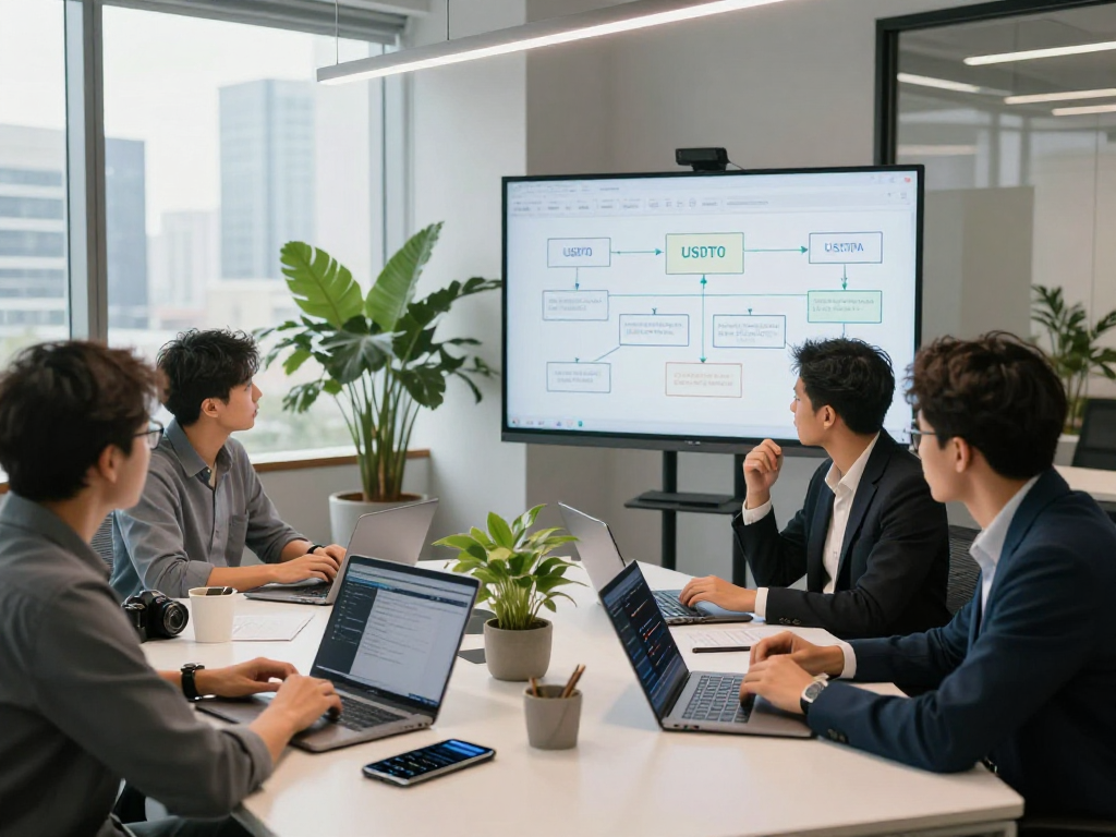 Team discussing USDT0 blockchain solutions in a modern office setting.