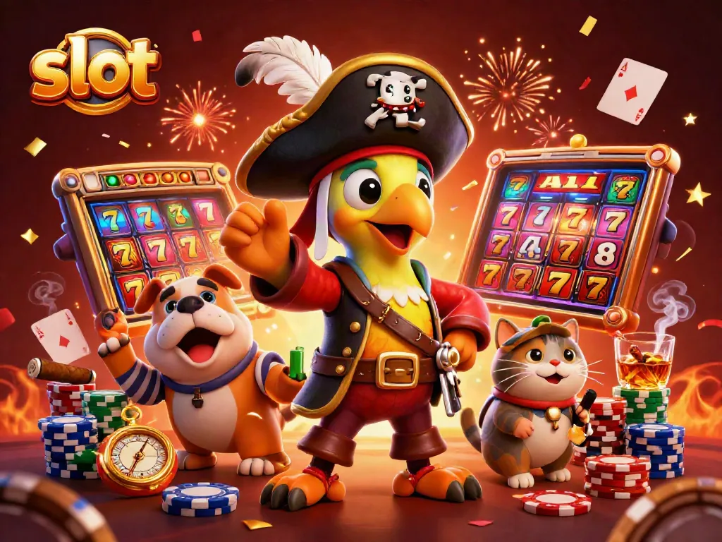 Experience thrilling slot action with colorful characters and vibrant casino elements in this dynamic 3D illustration.