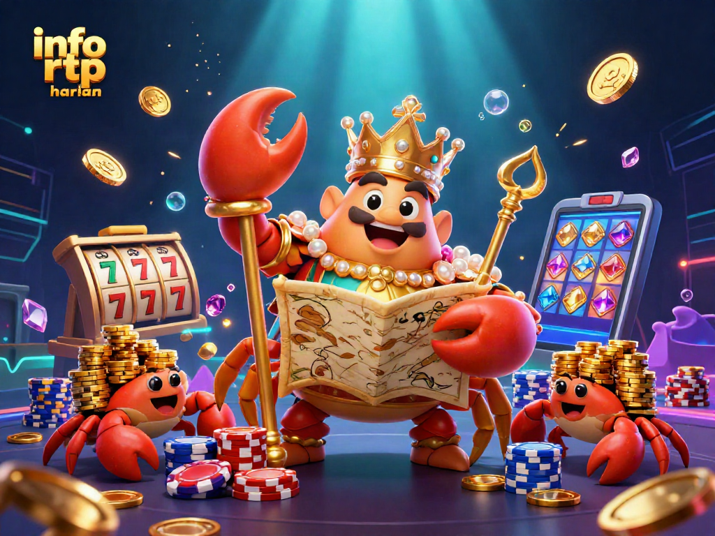 Engage with info rtp harian while enjoying a vibrant 3D casino illustration featuring a golden crab emperor.