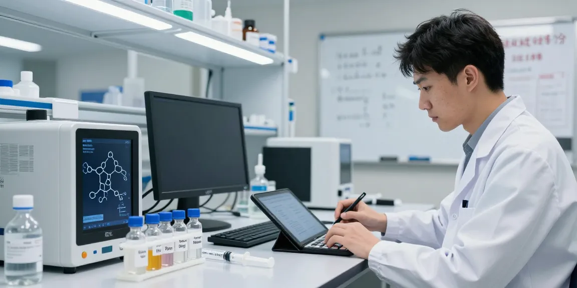 Scientist using a peptide calculator in a modern laboratory setting.