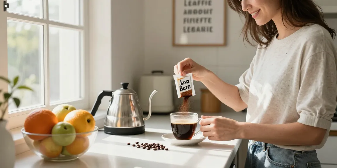 Java Burn coffee supplement being added to morning coffee in a bright kitchen