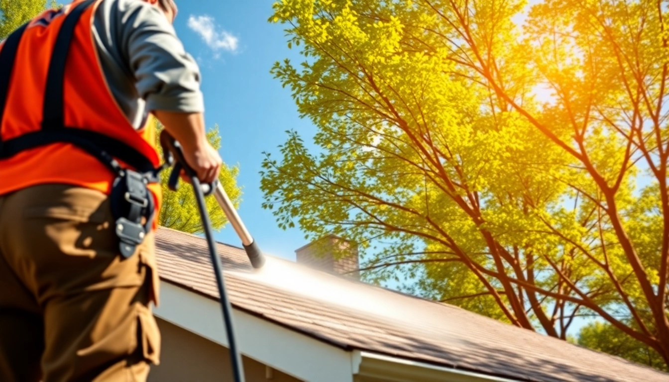 Roof cleaning professional using a soft wash technique to enhance residential rooftops.