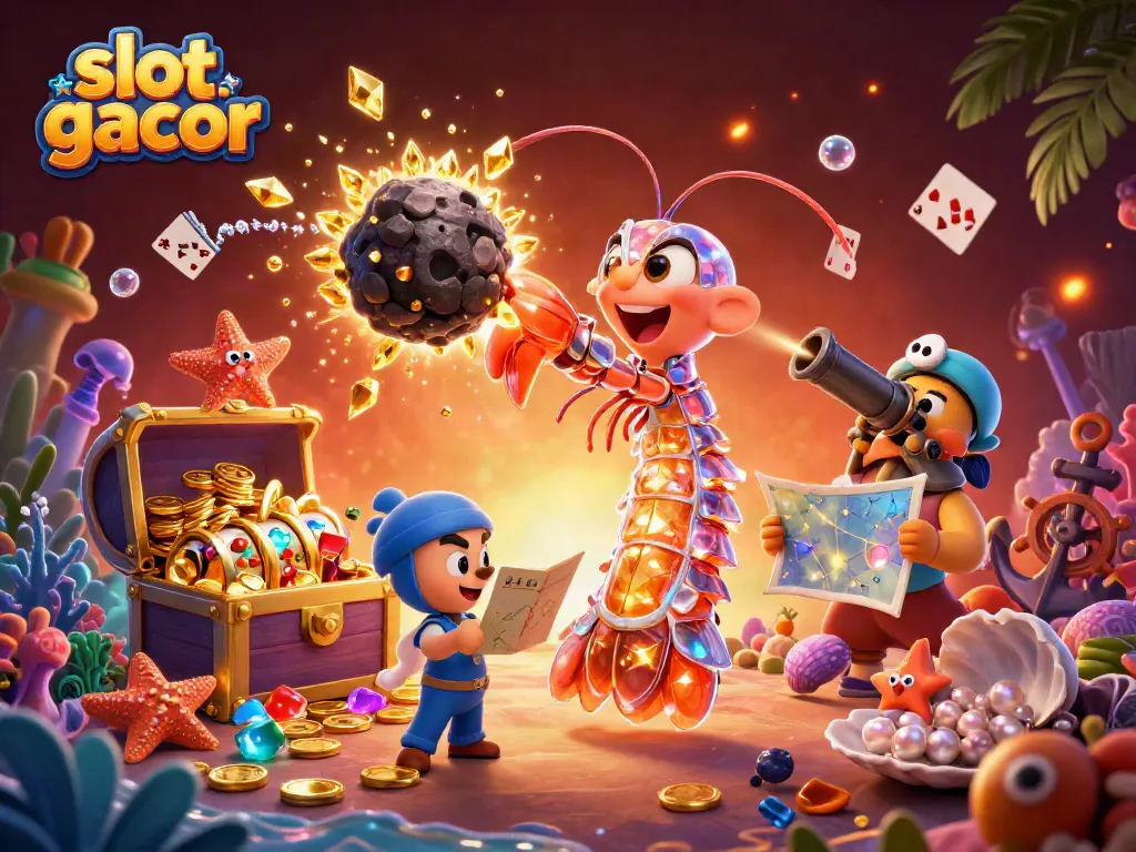 Slot gacor menampilkan samurai mantis 3D beraksi di lautan harta dengan koin emas dan permata.