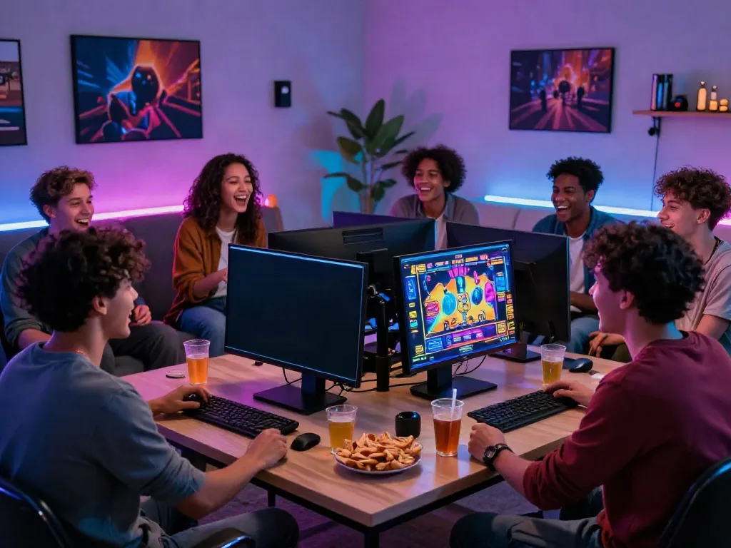 Friends enjoying สล็อตเว็บตรง gaming experience in a lively living room