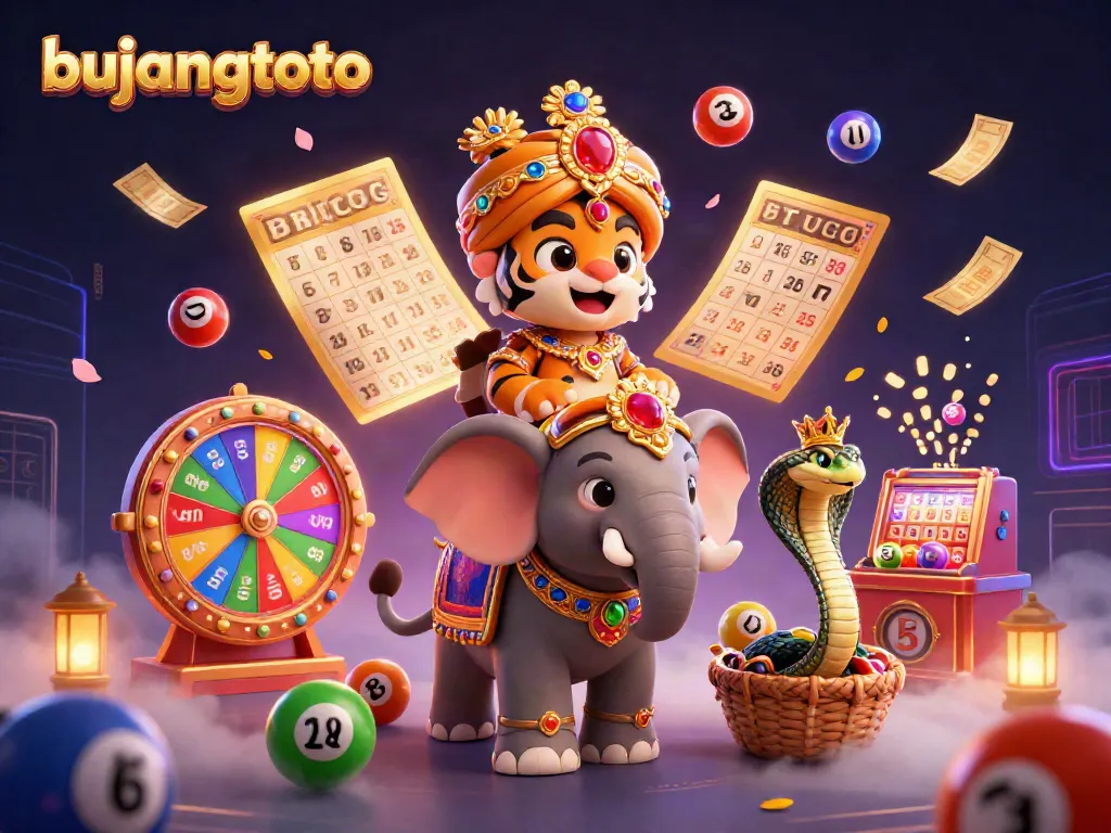 Bujangtoto themed dynamic scene with a vibrant 3D maharaja tiger, jewel-encrusted elephant, and engaging lottery elements.