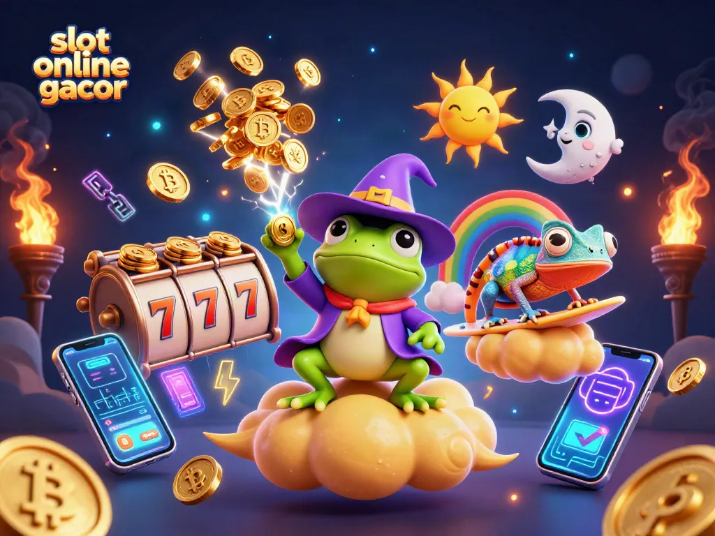 Engage with the thrilling slot online gacor experience featuring wizard frog and chameleon amidst vibrant gaming elements.