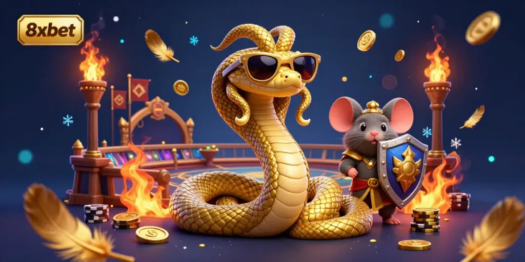 Experience the thrill of 8xbet with this captivating 3D casino scene featuring Medusa and a warrior mouse.