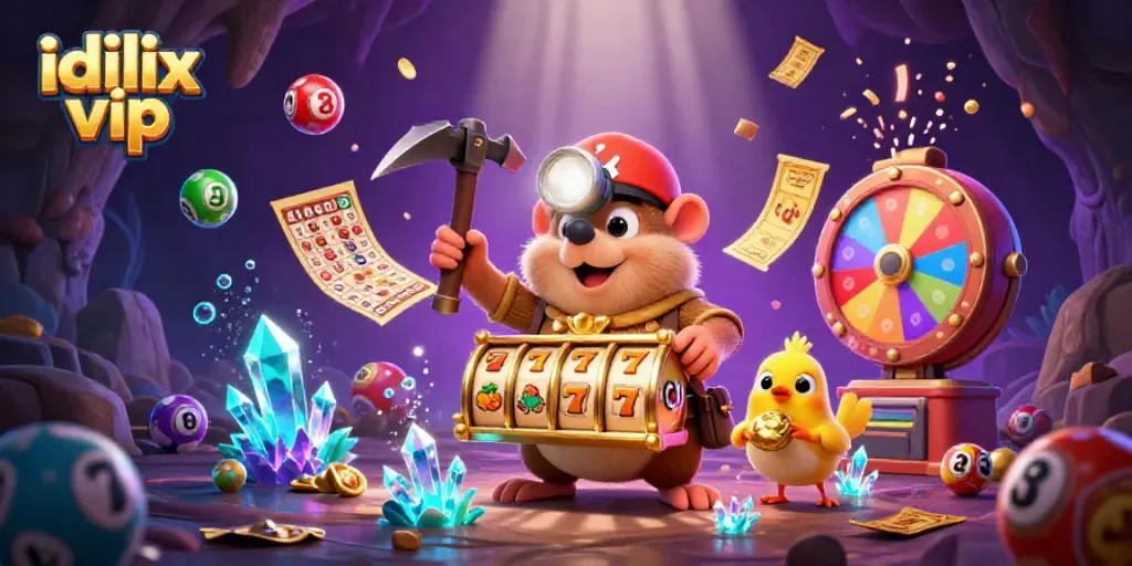 Engage in idlix vip's thrilling casino experience with dynamic treasure hunter mole and canary amidst vibrant lottery and gaming elements.