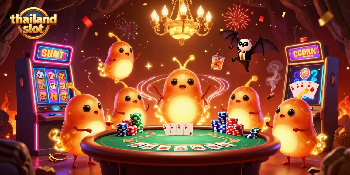 Play the exciting thailand slot with vibrant visuals of a cave casino filled with colorful reels and poker action.