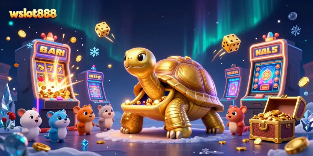 Keseruan bermain slot wslot888 dengan kura-kura emas raksasa sebagai mesin pinball dan hewan-hewan kecil menunggu giliran.