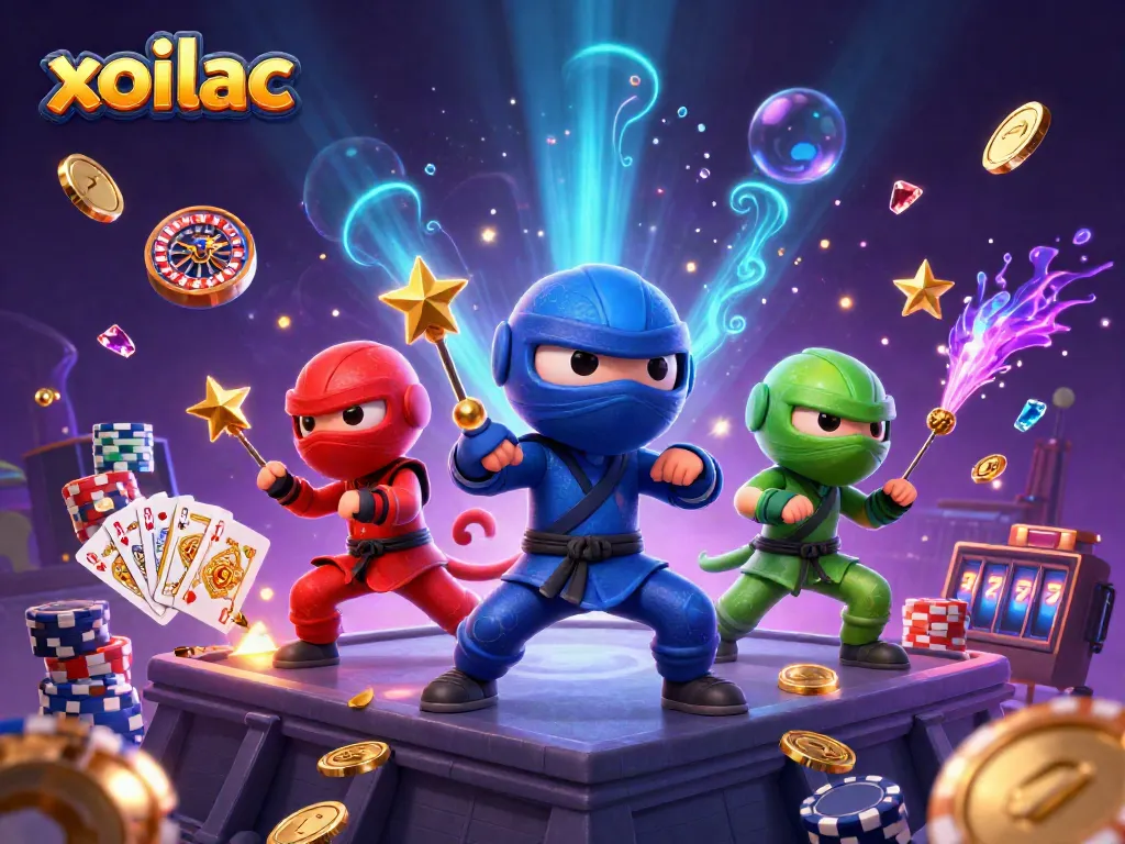 Xoilac chameleon ninjas perform martial arts as coins and cards fly around, showcasing the thrill of gambling.