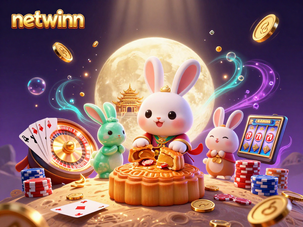 Experience netwinn with a moon rabbit pounding mooncakes and poker chips in a vibrant casino scene.