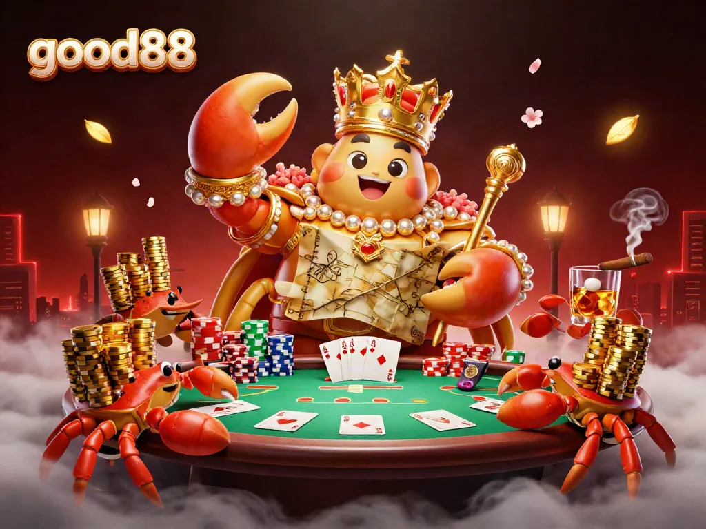 Engaging scene showcasing good88's golden crab emperor controlling the gaming table with poker elements and vibrant details.