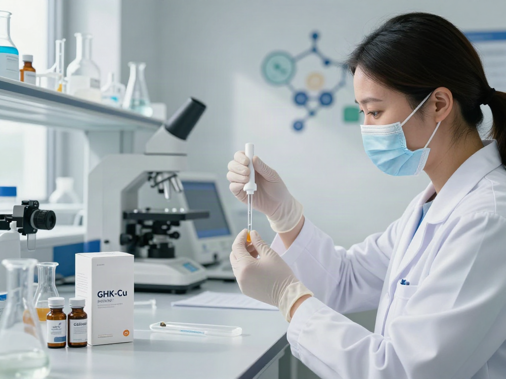 Scientist applying GHK-Cu peptide in a modern skincare lab