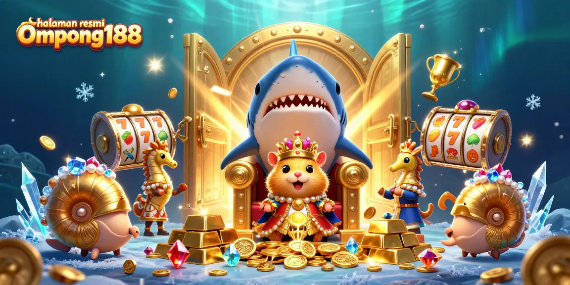 Menambah keseruan di halaman resmi Ompong188 dengan raja hamster emas di mahkota karang dikelilingi harta karun dan simbol slot.