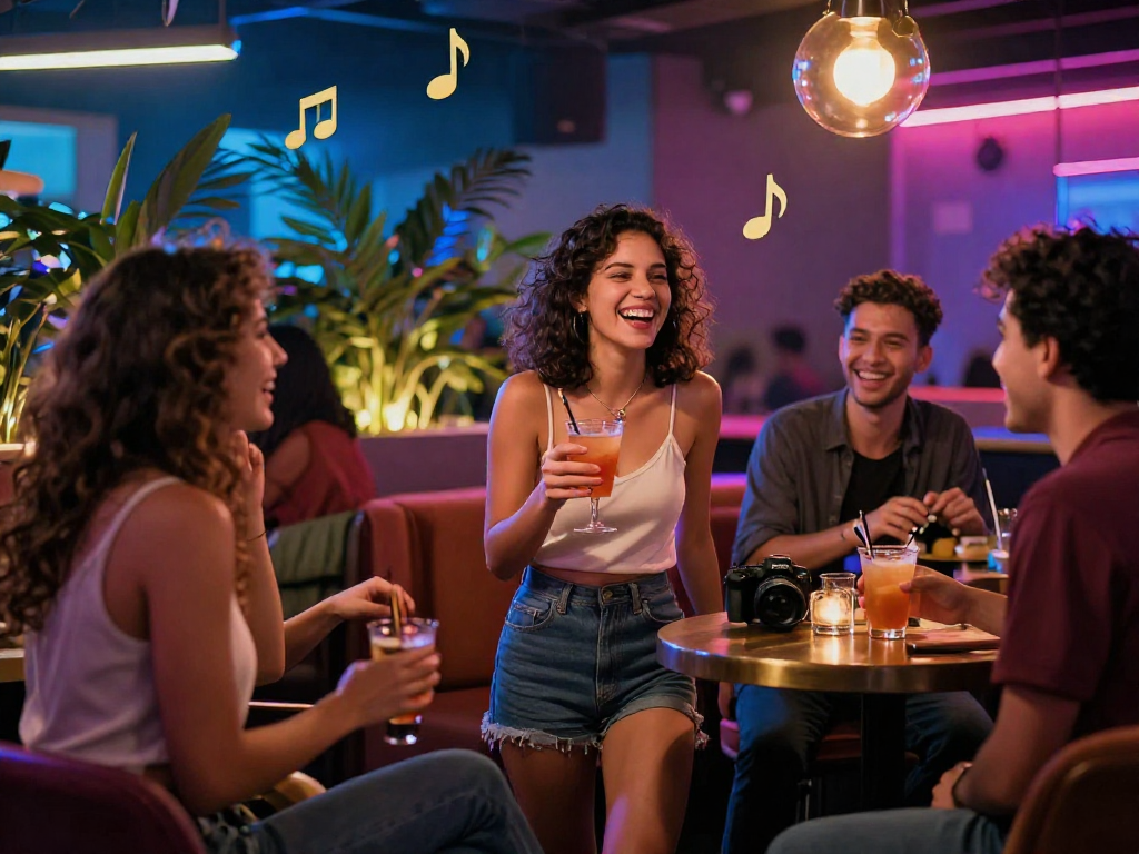 Gái gọi thu hút trong không gian bar nhộn nhịp với ánh đèn neon.