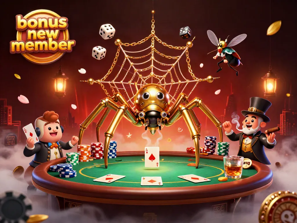 Catching lucky dice in a web, a golden spider embodies the bonus new member concept in a vibrant casino scene.