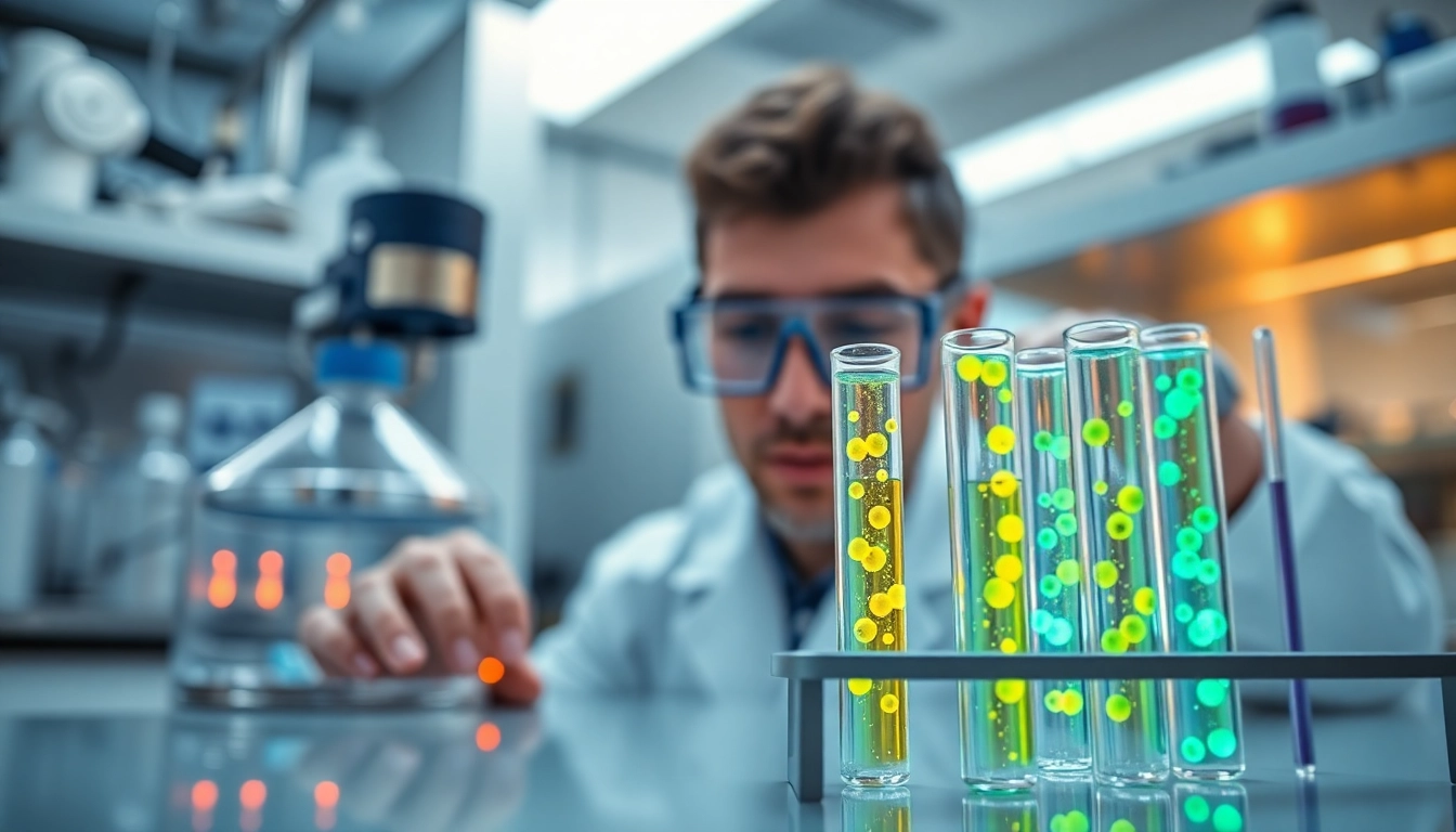 Explore how glow peptide usa is analyzed in a modern lab setting, showcasing vibrant colors and bright lighting.