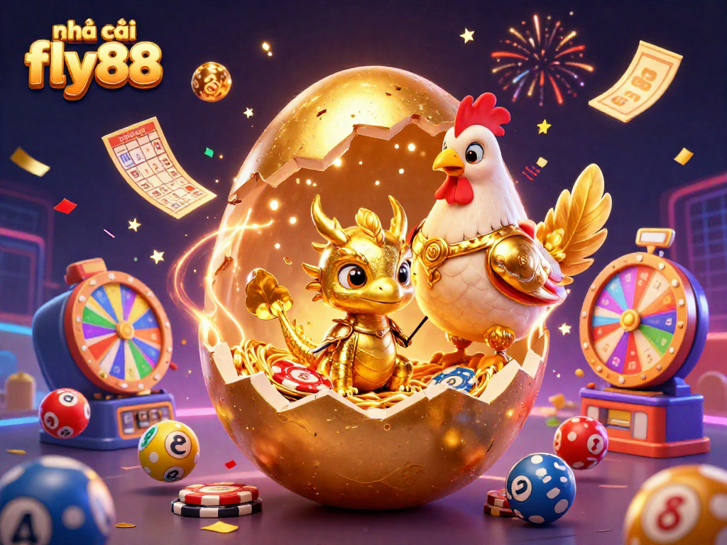 Experience the excitement of nhà cái fly88 with a golden dragon, poker chips, and vibrant lottery elements!