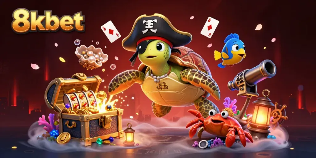 Engage in thrilling gameplay with 8xbet's immersive 3D casino adventure featuring pirate turtle and treasure elements.