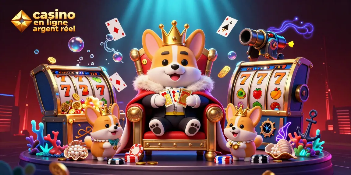 Découvrez une scène captivante du casino en ligne argent réel avec un corgi royal et des jetons de poker.
