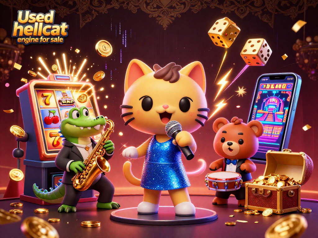 Engaging scene with characters revealing a Used hellcat engine for sale amidst casino elements and jackpot excitement.