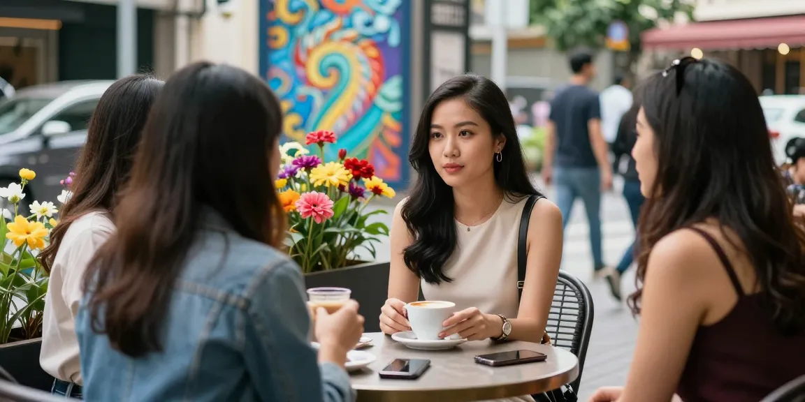 Gái gọi trò chuyện vui vẻ tại quán cà phê sôi động ở thành phố.