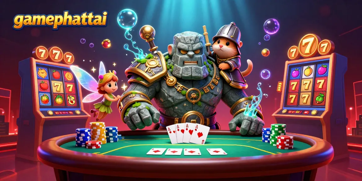 Engage with gamephattai's vibrant 3D illustration featuring a golem guardian, fairy, and hamster knight amidst thrilling casino elements.