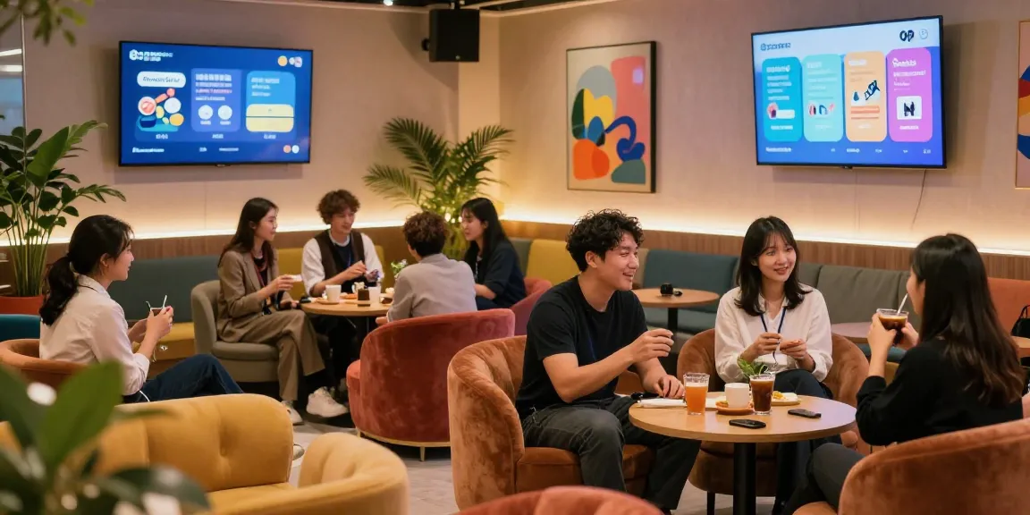 Relaxing atmosphere at 파주op service lounge with vibrant decor and young guests enjoying services.