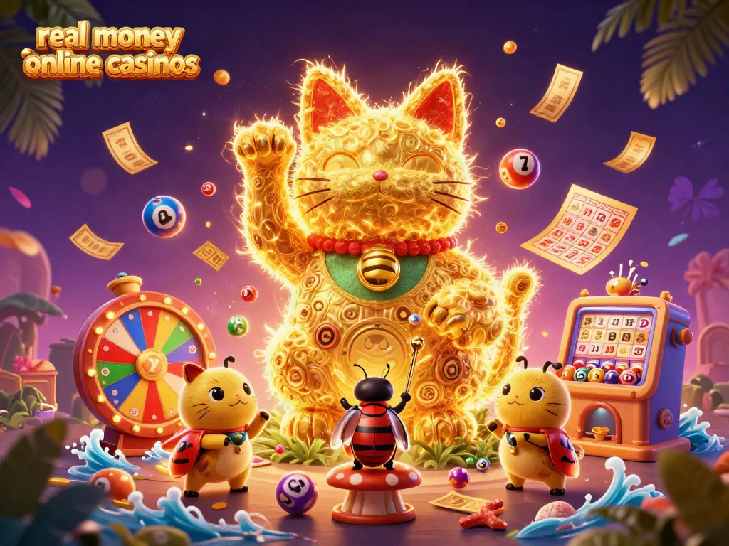 Experience real money online casinos with a vibrant illustration of a lucky cat and dynamic gambling elements.