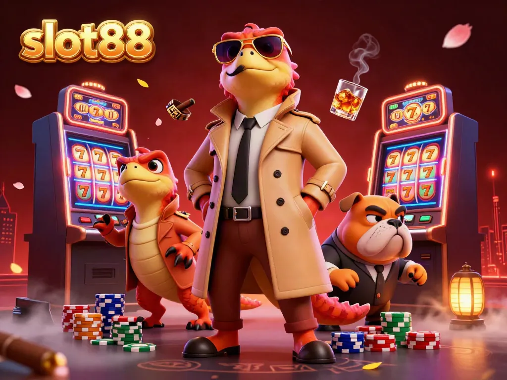 Enjoy the excitement of slot88 as three raptors cleverly disguise themselves in a casino scene.