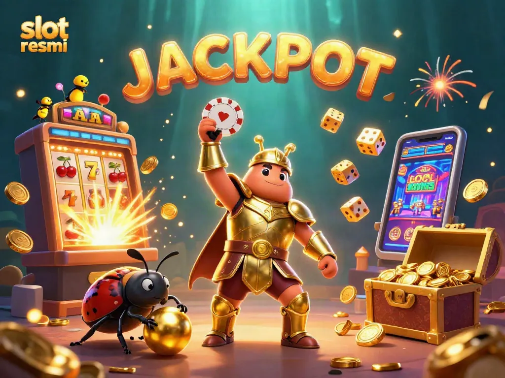 Experience the excitement of slot resmi with beetle characters celebrating a jackpot in a vibrant casino scene.