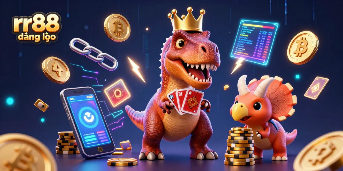 Engage with rr88 đăng nhập and see a T-Rex shuffling cards in a vibrant casino scene.
