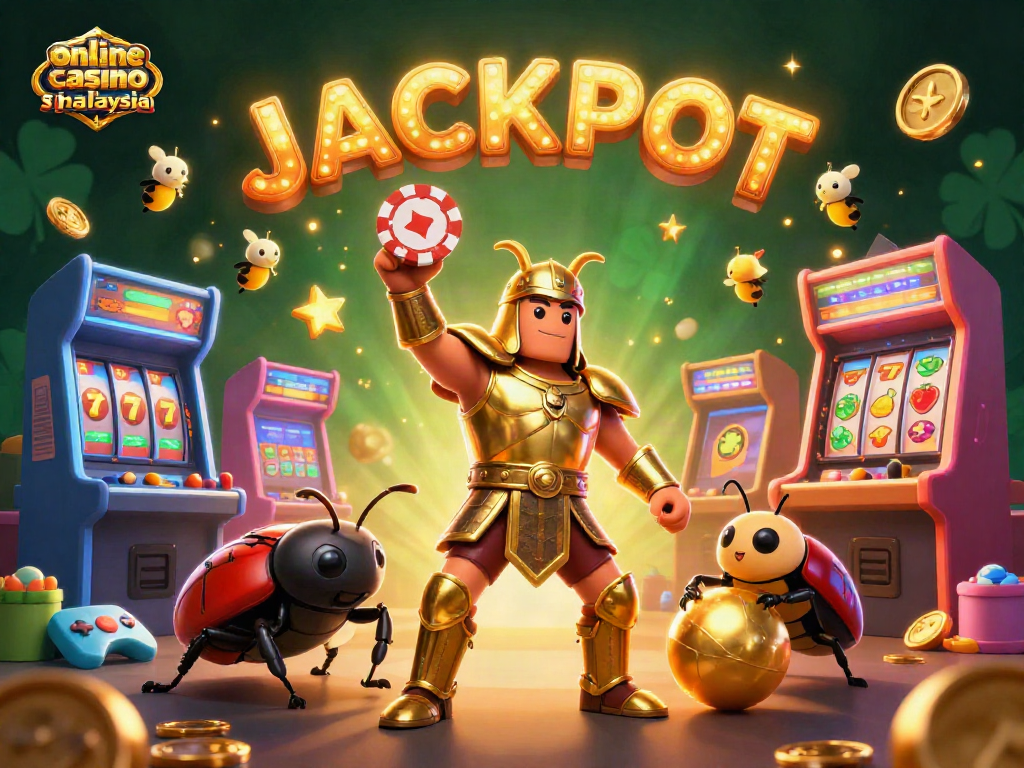 Experience the thrill of online casino slot malaysia with a victorious beetle champion lifting a poker chip amidst vibrant game elements.