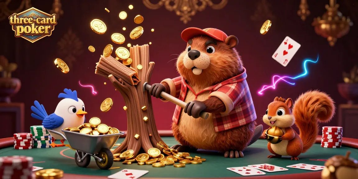 Experience the excitement of three-card-poker with a lively beaver character, gold coins raining down, and poker elements.