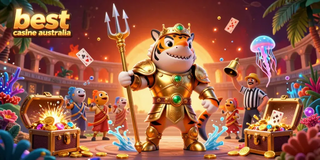 Experience thrilling underwater action at the best casino online Australia with a tiger shark in gladiator armor.