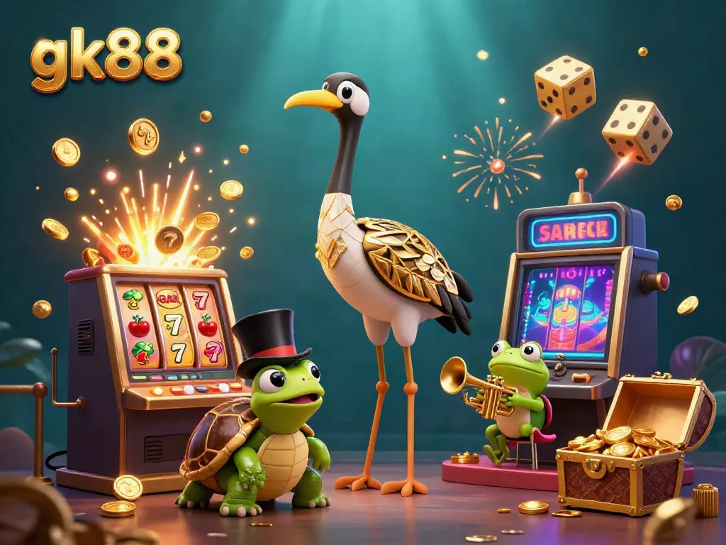 Experience thrilling moments at gk88 with a vibrant 3D casino scene featuring characters and jackpot elements.