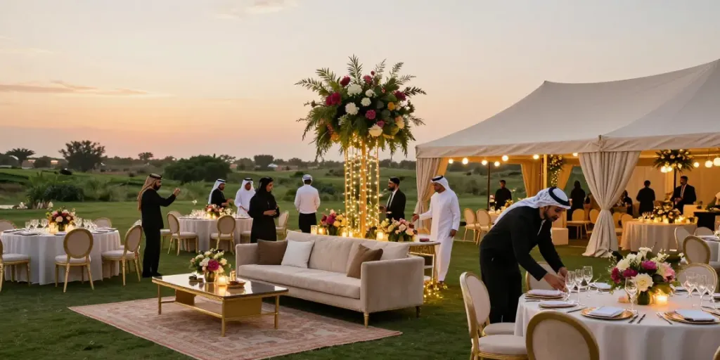 Event rental ksa setup of a luxurious outdoor tent with elegant furniture during golden hour.