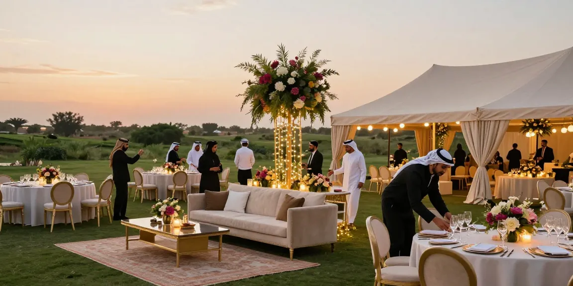 Event rental ksa setup of a luxurious outdoor tent with elegant furniture during golden hour.