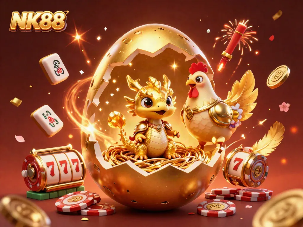 Join the excitement with NK88 featuring a golden dragon, poker chips, and dynamic slot reels in this vibrant casino scene.